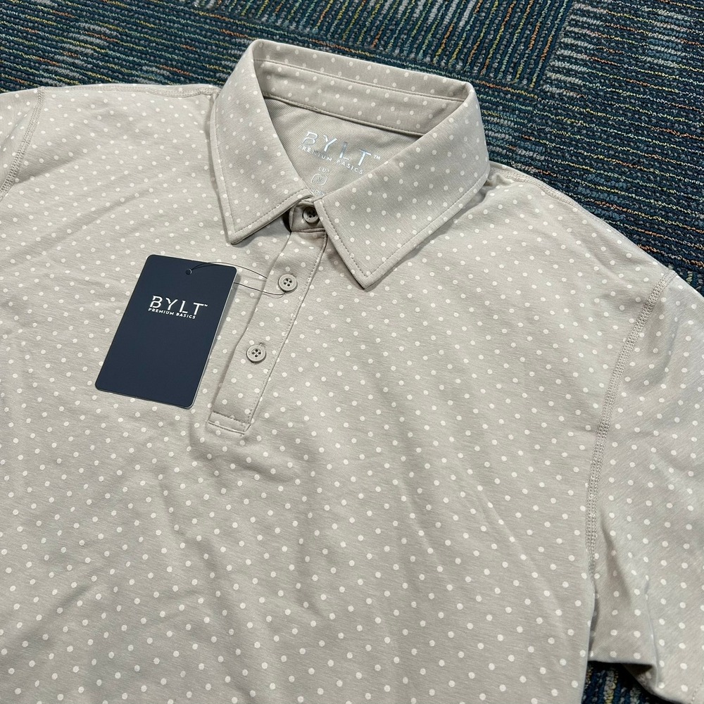 BYLT Premium Basics Polo Medium Ivory Drop-Cut Lux Dotted Short Sleeve Shirt New